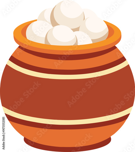 Indian sweets Rasgulla vector  in a pot. Rasgullas in matka on transparent background.