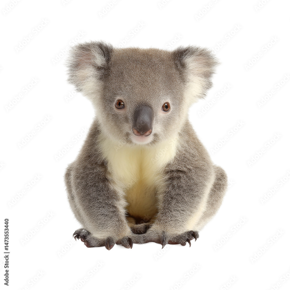 Fototapeta premium A cute koala bear sits calmly looking at the camera. The koala has a soft gray fur and a gentle expression on its face