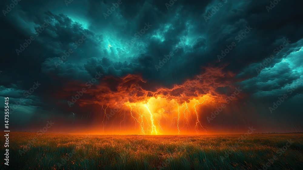 Fototapeta premium A dramatic thunderstorm over a vast plain, with dark clouds, lightning strikes, and heavy rain creating a powerful and awe-inspiring scene