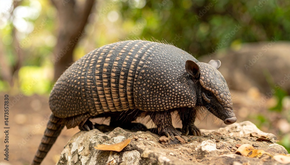 Obraz premium Armored animal sits perched on textured stone, background is blurred green forest foliage