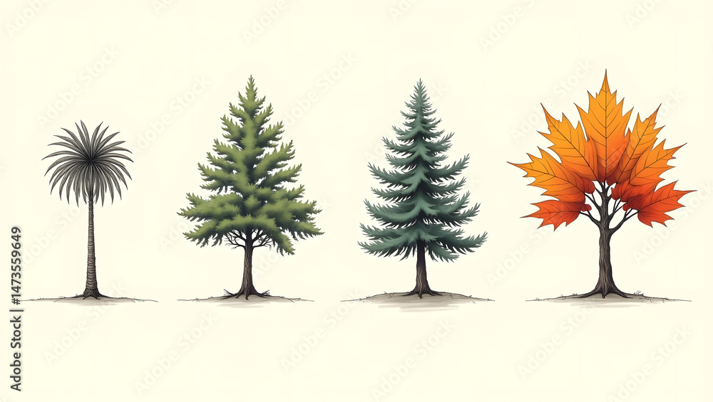 Fototapeta premium Trees of the world – palm, oak, pine, maple in line art
