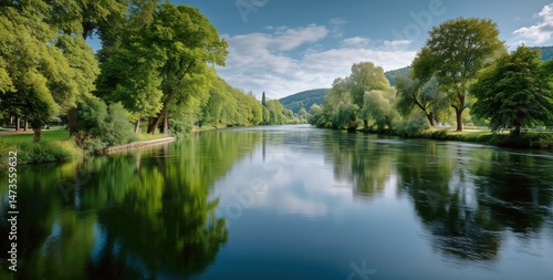 Calm River Surrounded by Lush Trees Reflecting in Still Waters on a Sunny Aft...