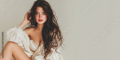 Wallpaper Mural Elegant woman in cozy white attire poses gracefully at home Torontodigital.ca