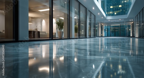 Modern Office Corridor With Polished Floor and Large Glass Windows During Eve...