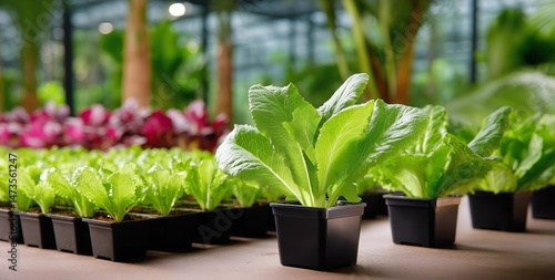 Fresh Lettuce Grown in Black Pots at a Sunny Greenhouse During Afternoon Hours