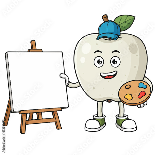 Apple character wearing a hat and holding a palette standing in front of a canvas