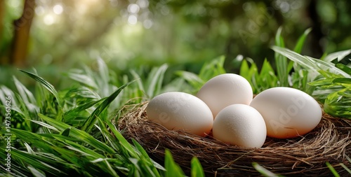 Four White Eggs Nestled in a Natural Grass Nest Among Green Foliage in a Sere...