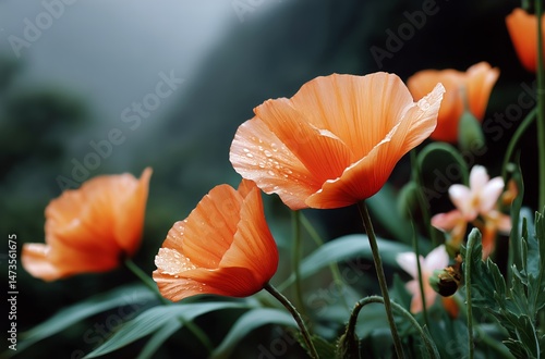 Vibrant Orange Poppies Blooming in a Misty Garden During Early Morning Light