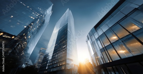 Modern Skyscrapers Illuminated by Sunlight in a Bustling Urban Environment at...