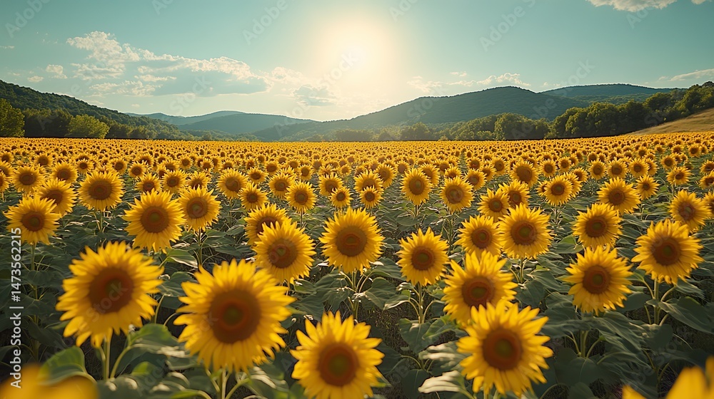 Obraz premium A field of sunflowers stretches as far as the eye can see, their faces turned towards the bright sun, a vibrant and cheerful landscape under a clear blue sky