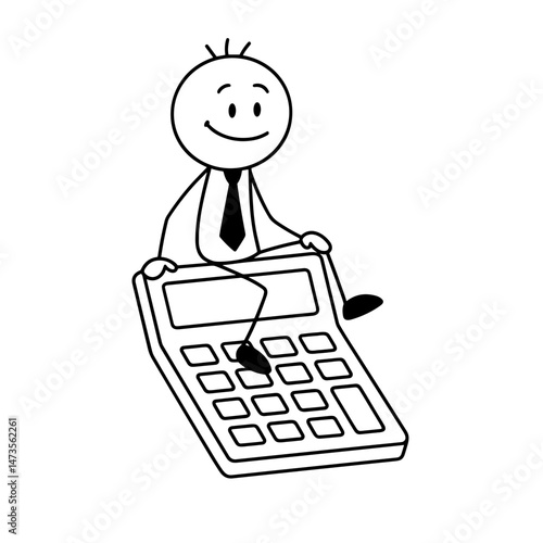 Happy businessman sitting on big calculator