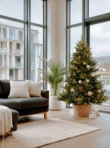 Cozy Holiday Living Room With Decorated Christmas Tree and City View in Eveni...