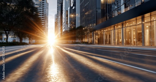 Modern City Street at Sunset With Reflection on Pavement and Buildings in View