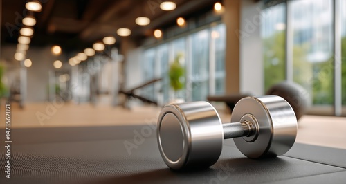 Lone Dumbbell Rests on the Floor of a Modern Gym With Large Windows Letting i...