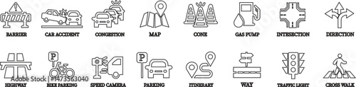 Road line art icon set.Road forks icon. Road sections of different shapes.vector icon illustration isolated on white background.Containing street, highway, traffic light, intersection symbol.