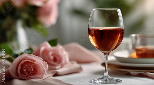 Elegant Rose Wine With Pink Roses and Candle in a Cozy Setting During an Inti...