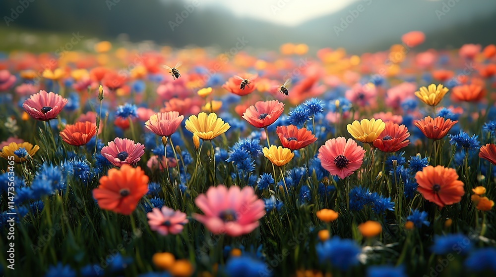 A field of wildflowers in full bloom, a kaleidoscope of colors stretches as far as the eye can see, bees buzz among the blossoms, the air is filled with a sweet fragrance A field of wildflowers in full bloom, a kaleidoscope of colors stretches as far as the eye can see, bees buzz among the blossoms, the air is filled with a sweet fragrance