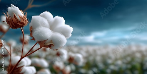 Cotton Plants Blooming Under a Blue Sky in a Vast Agricultural Field During L...