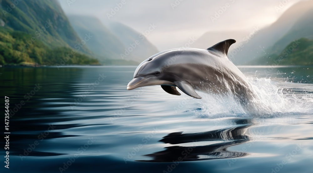 Obraz premium Dolphin Leaps Gracefully Over Calm Waters During Sunrise in a Scenic Fjord