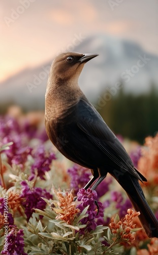Bird Perched on Colorful Flowers With a Mountain Backdrop During Sunset