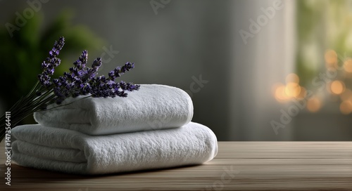 Soft White Towels With Lavender on a Wooden Surface in a Calming Spa Setting