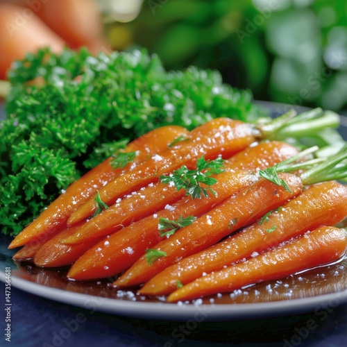 Freshly Harvested Carrots Garnished With Parsley on a Dark Plate Ready for Se...