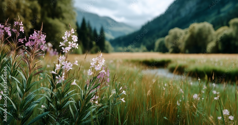 Fototapeta premium Beautiful Wildflowers Bloom Near a Tranquil River in a Lush Green Valley on a Cloudy Day
