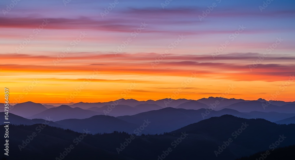 Serene Sunset Sky with Layered Mountain Ranges Serene Sunset Sky with Layered Mountain Ranges