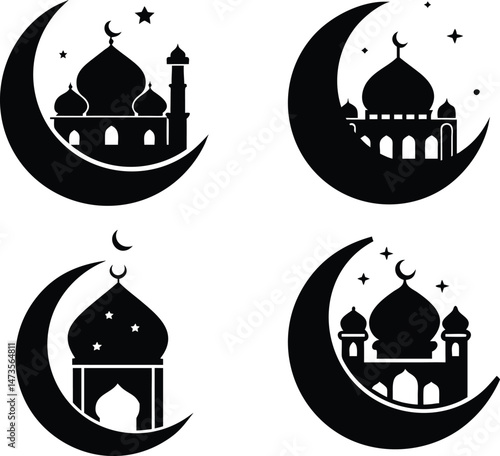 Islamic Mosque Vector Icons. Ramadan and Eid Black Silhouettes Set