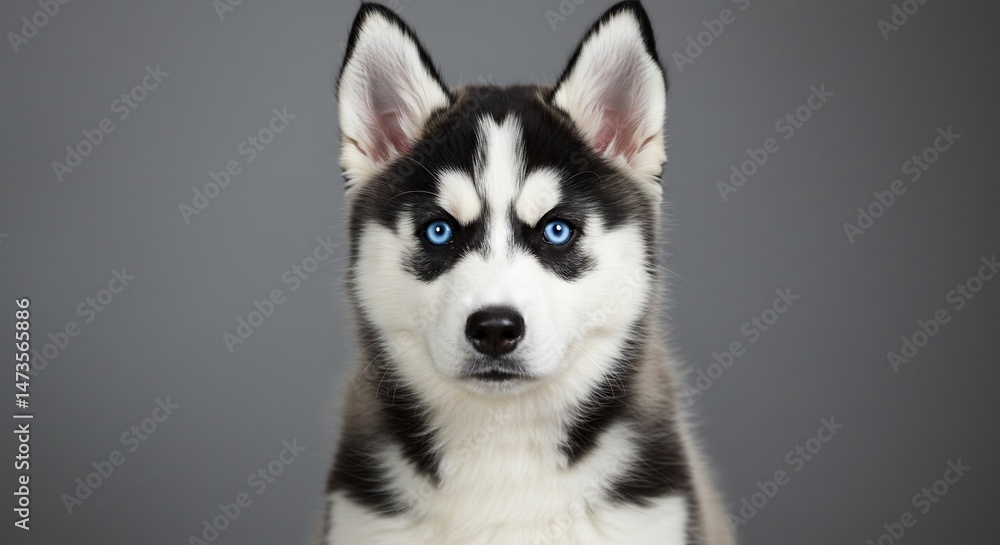 Obraz premium 凛とした瞳 白い毛並みのハスキー犬 灰色背景 鮮明なポートレート. AI Generated