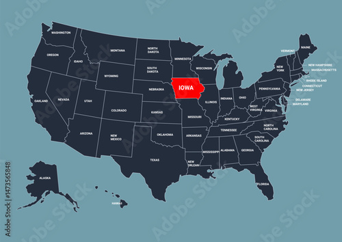 USA Vector Map with Iowa Marked in Red. United States Editable Map Featuring All State Names.