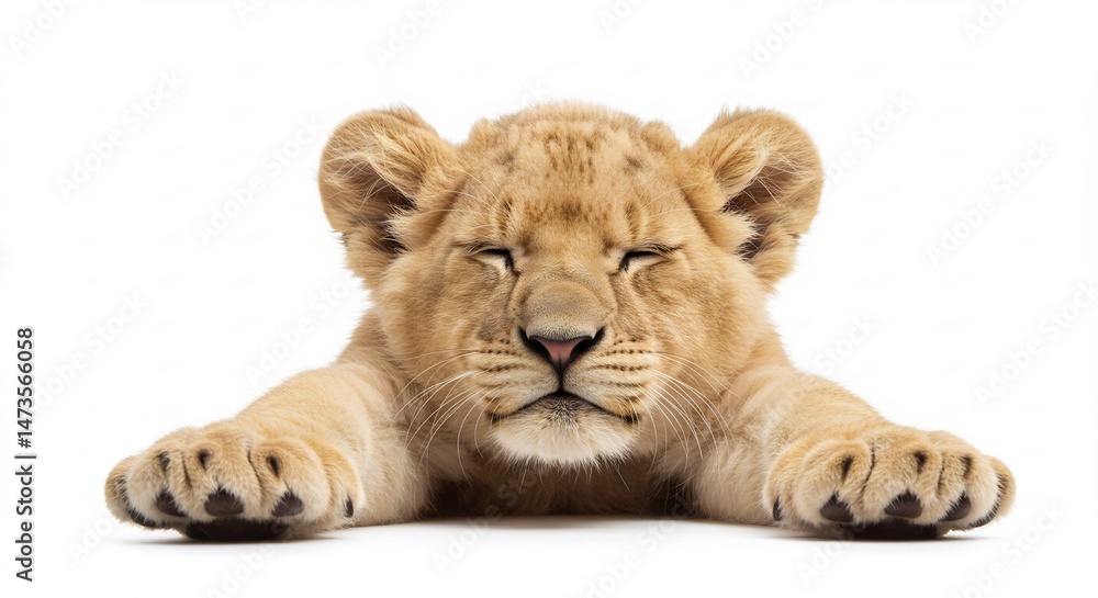 Obraz premium 白い背景 眠る子ライオン 柔らかな毛並み 平和な表情. AI Generated