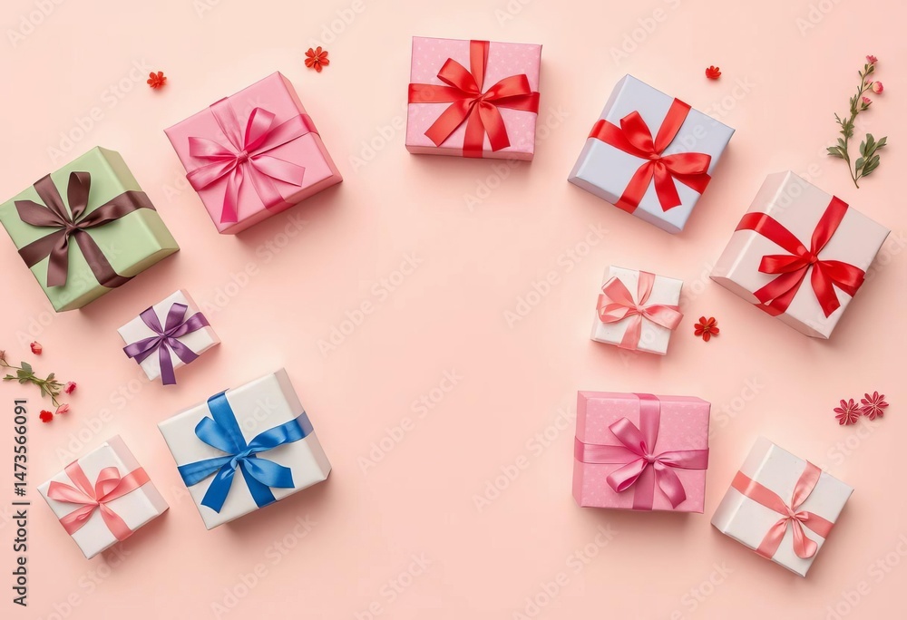 Pastel background, beautifully tied gift boxes arranged in flat lay, ample copy space, occasion, autumn Pastel background, beautifully tied gift boxes arranged in flat lay, ample copy space, occasion, autumn