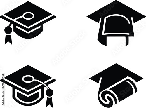 Four Black Graduation Cap Icon Set