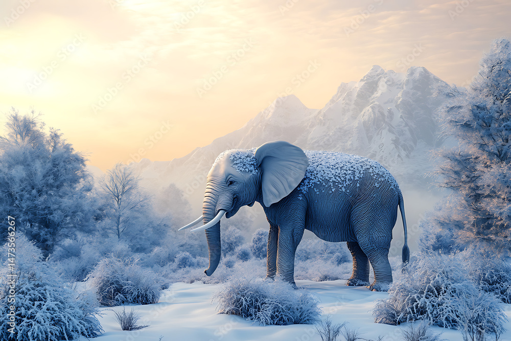 Fototapeta premium Majestic elephant standing in a snowy landscape with mountains in the background at sunrise