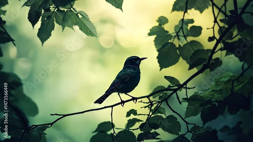 Nightingale perched on a branch singing amidst soft foliage at dusk, bird sings in the bush, the nightingale