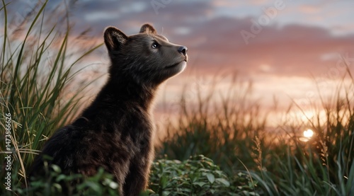 Young Bear Gazes at Sunset in a Lush Landscape During Twilight Hours