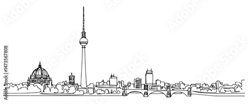 Berlin's TV tower, historic cathedral with bridge and various buildings in simple one line drawing. vector illustration
