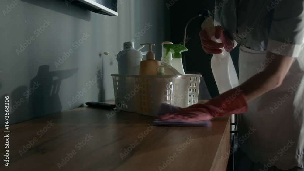 custom made wallpaper toronto digitalClose up shot of gloved female housekeeper cleaning wooden table with disinfectant spray and cloth while maintaining hotel room