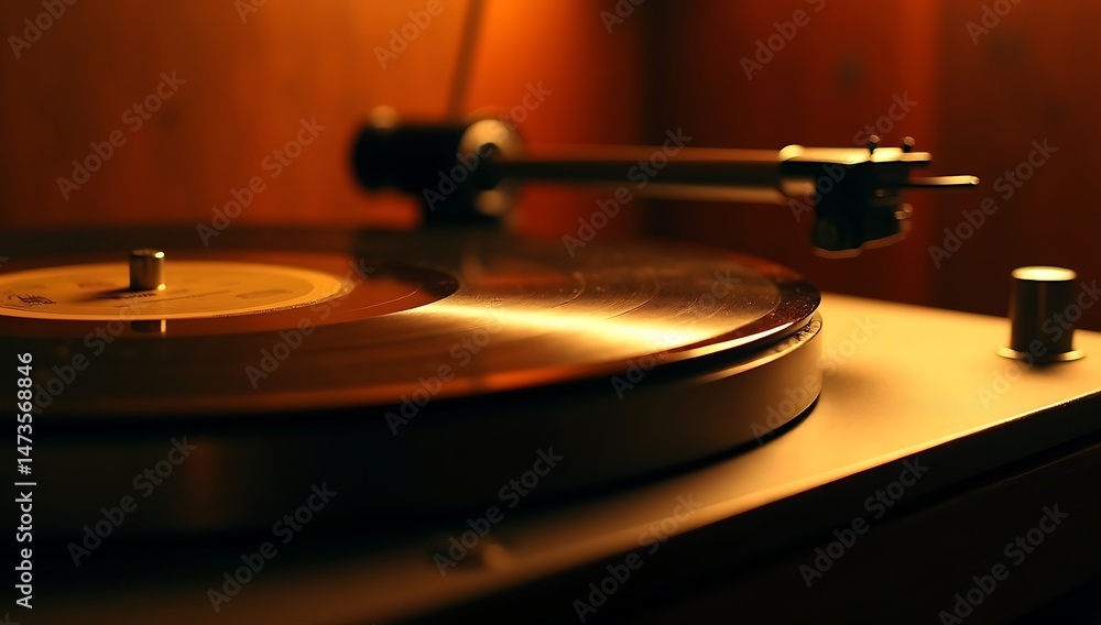Obraz premium A close-up of a vinyl record spinning on a turntable with warm ambient lighting – evoking nostalgia, analog sound, and vintage culture.
