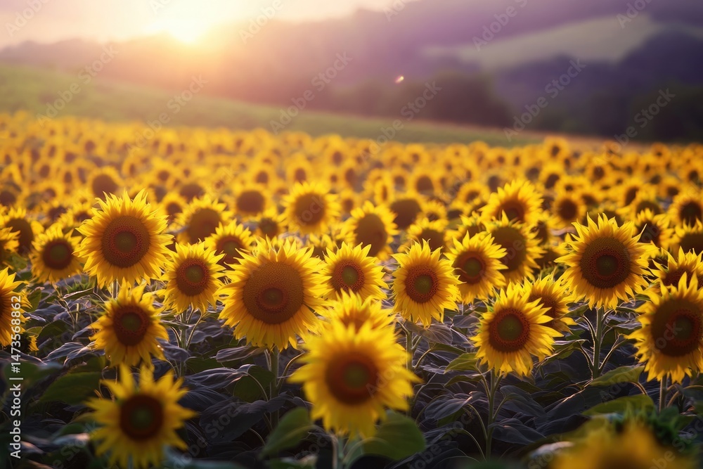 Obraz premium Vast field of vibrant sunflowers basking in the warm glow of a setting sun, nature's golden embrace.