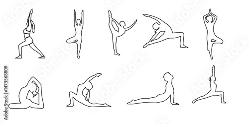 Collection of yoga poses. yoga pose girl silhouette set vector illustration and yoga exercise icon and Yoga Silhouette