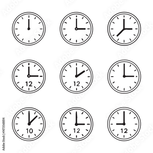 Set of Clock time icons with hands in increments of one hour