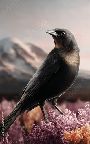 Black Bird Standing on Colorful Foliage With Mountain Background During Golde...