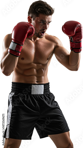 Boxer in action stance, wearing gloves, muscular male athlete isolated on white background