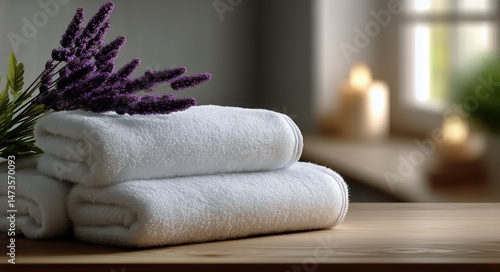 Soft White Towels With Lavender on a Wooden Surface in a Calming Spa Setting