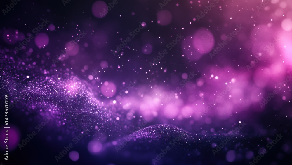 Abstract purple and dark background with glittering particles. Bokeh effect creates a dreamy, ethereal atmosphere. Particles form soft waves in the midground Abstract purple and dark background with glittering particles. Bokeh effect creates a dreamy, ethereal atmosphere. Particles form soft waves in the midground