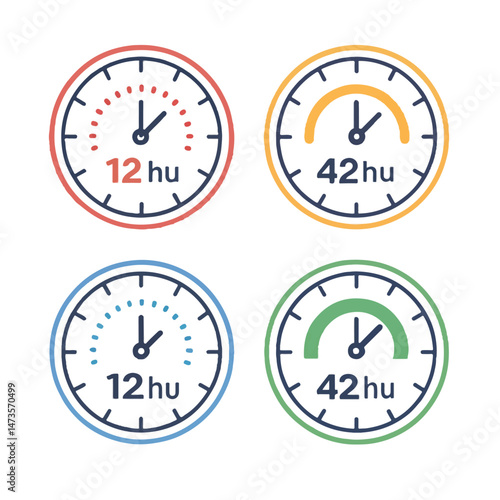 Clock Time Difference Set - Vector Illustration. Different Timezones Time. Arrows - Hours, Minutes on Clockface. Clock Time Lapse.
