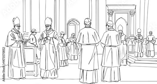 Group of clergy in robes conducting ritual inside a grand Vatican cardinals, line art drawing style. vector illustration