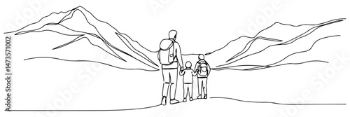 Happy family hiking together with backpacks, viewed from behind looking at mountain. vector illustration